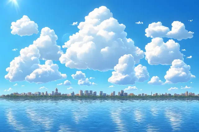 Sky, Blue, Cloud, Daytime, Cumulus, Horizon, Meteorological phenomenon, Morning, Cityscape, Skyline, High-rise building, Metropolis, Sea, Skyscraper, Sunlight, Ocean, Panorama, Tropics