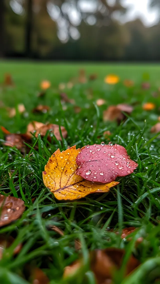 Green, Leaf, Yellow, Moisture, Dew, Autumn, Macro photography, Drop