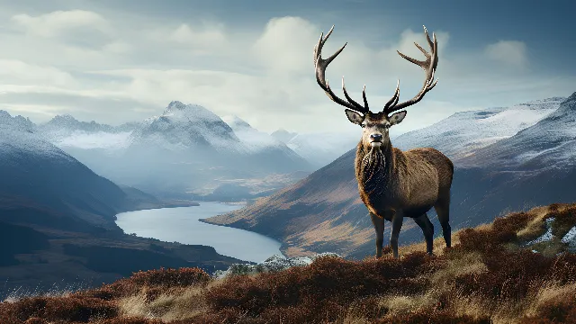 Sky, Mountain, Water, Cloud, Barren ground Caribou, Elk, Atmospheric phenomenon, Plant, Deer, Natural landscape, Fawn, Morning, Landscape, Horn, Reindeer, Terrestrial animal, Slope, Mountain range, Grassland, Tail