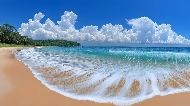 Water, Cloud, Sky, Daytime, Azure, Beach, Natural landscape, Plant, Tree, Body of water, Cumulus, Aqua, Wind wave, Wind, Landscape, Horizon, Arecales, Sand, Headland, Caribbean