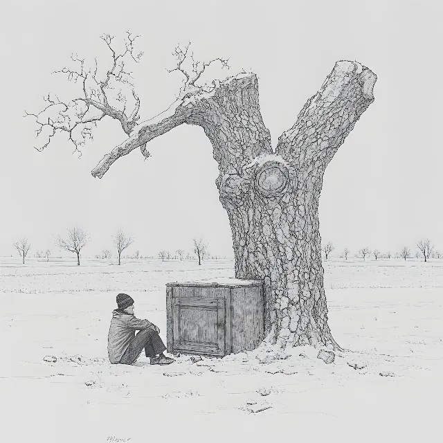 Drawing, Sketch, Black and white, Trunk, Twig, Monochrome, Illustration, Line art, Precipitation