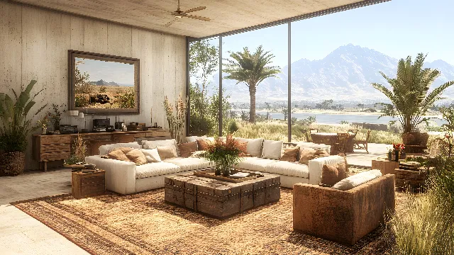 Plant, Property, Furniture, Couch, Sky, Building, Interior design, Shade, Table, Tree, Architecture, Living room, Comfort, Floor, Outdoor furniture, Wood, Houseplant, studio couch, Real estate, Hardwood