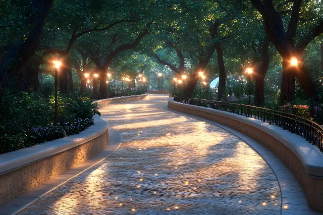 Night, Lighting, Walkway, Landscape lighting, Security lighting, Midnight, Street light, Sidewalk, Garden, Landscaping, Lens flare, Evening, Light fixture, Cobblestone, Park, Path, Trail, Shadow, Stock photography