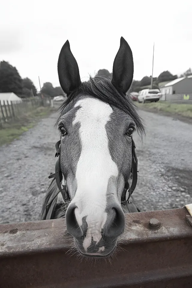 Horse, Vertebrate, Working animal, Snout, Black, Terrestrial animal, Grey, Black and white, Mare, Mane, Livestock, Pack animal, Stallion, Mustang, Horse tack, Bridle