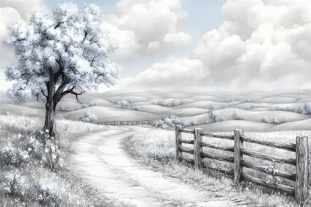 Plants, White, Cloud, Rural area, Monochrome photography, atmospheric phenomenon, Split-rail fence, Fence, Black and white, Winter, Monochrome, Cumulus, Home Fencing, Prairie, Meteorological phenomenon, Wind, Trail, Snow, Frost, Croft