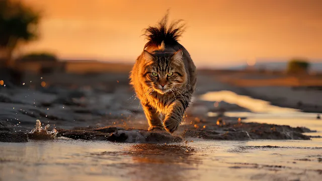 Hair, Water, Roar, Sky, Siberian tiger, Felidae, Carnivore, Liquid, Bengal tiger, Tiger, Whiskers, Happy, Big cats, Terrestrial animal, Landscape, Lake, Wildlife, Reflection, Horizon, Fur