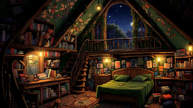 Furniture, Picture frame, Interior design, Building, Art, Bed frame, Painting, Wood, Space, Shelf, Room, Drawer, Ceiling, Design, Comfort, Hardwood, Bookcase, Illustration, Darkness, Event