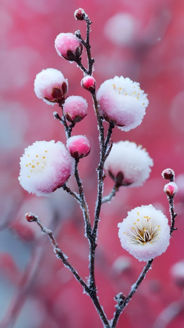 Flower, Pink, Petal, Winter, Twig, Plant stem, Macro photography, Frost, Blossom, Snow, Freezing, Rose family, Bud