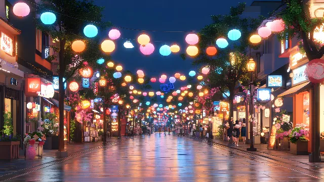 Lighting, Street, Pedestrian, Night, Electricity, Midnight, Market, Holiday, Festival, Lantern, Walking, Mid-Autumn Festival, Neon