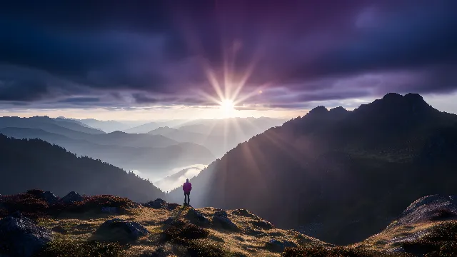 Cloud, Sky, Atmosphere, Mountain, Dusk, Sunlight, Natural landscape, Slope, Sunrise, Sunset, Atmospheric phenomenon, Afterglow, Terrain, Horizon, Tree, Landscape, People in nature, Beauty, Dawn, Hill