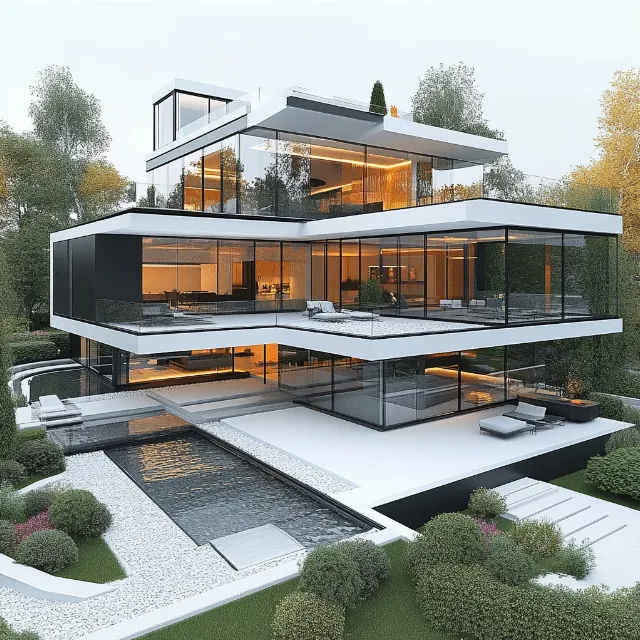 Architecture, Facade, Home, Composite material, Mansion, Estate, Villa, Design, Shade, Landscaping, Outdoor Structure, Balcony