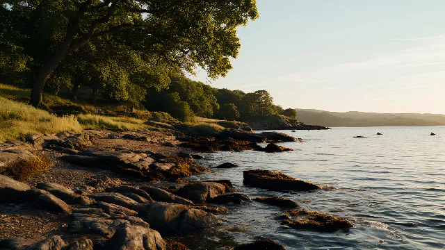 Water, Sky, Plant, Natural landscape, Tree, Cloud, Wood, Bedrock, Coastal and oceanic landforms, Watercourse, Terrain, Bank, Lake, Formation, Horizon, Wind wave, Landscape, Klippe, Sunset, Sunrise