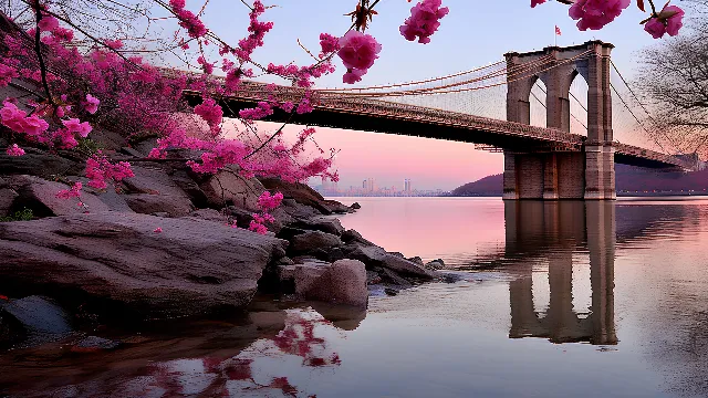 Water, Flower, Sky, Plant, Nature, Body of water, Pink, Lake, Natural landscape, Petal, Morning, Tree, Magenta, Street light, Landscape, Blossom, Horizon, Twig, Bridge, Reflection