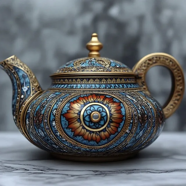 Blue, Teapot, Serveware, Lid, Antique, Porcelain, Kettle, Ceramic, Pottery, Bronze, Dishware, Stoneware, Design, Still life photography, Copper, Brass, Still life, Collectable