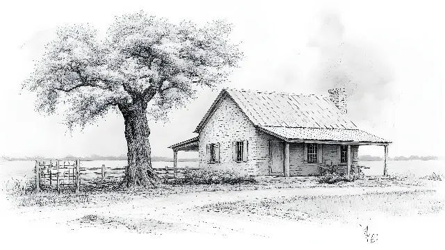 House, Cottage, Home, Rural area, Drawing, Farmhouse, Black and white, Sketch, Illustration, Shed, Design, Croft, Sugar shack, Hut, Shack, Garden buildings, Siding