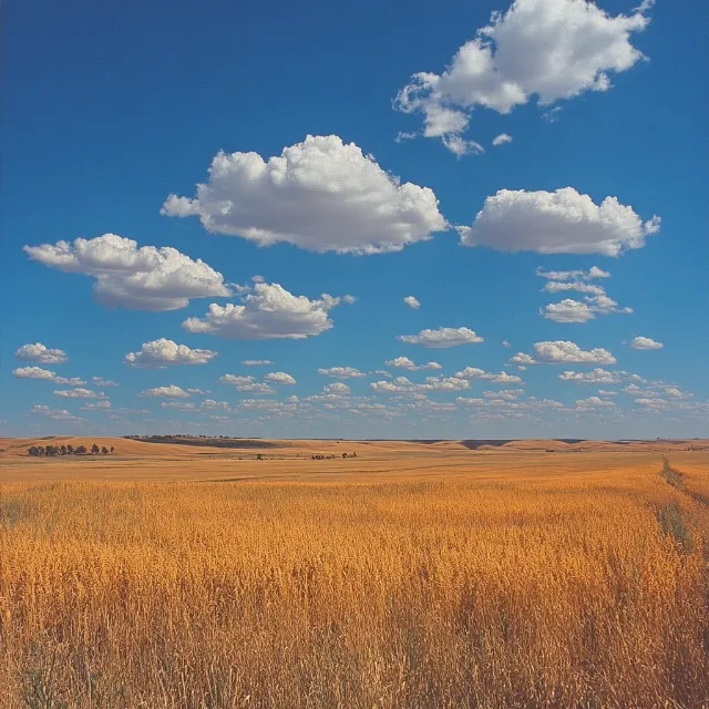 Sky, Blue, Cloud, Daytime, Natural environment, Grassland, Ecoregion, Horizon, Cumulus, Plain, Field, Steppe, Prairie, Savanna, Land lot, Grasses, Pasture, Meadow, Meteorological phenomenon, Agriculture