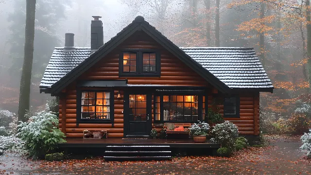 Plant, Building, Window, House, Wood, Door, Cottage, Tree, Porch, Residential area, Siding, Roof, Facade, Landscape, Tints and shades, Sky, Log cabin, Sash window, Evening, Suburb