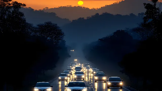 Car, Land vehicle, Sky, Vehicle, Atmosphere, Automotive lighting, Light, Cloud, Tree, Nature, Mountain, Lighting, Atmospheric phenomenon, Sunlight, Dusk, Thoroughfare, Automotive design, Morning, Road surface, Road