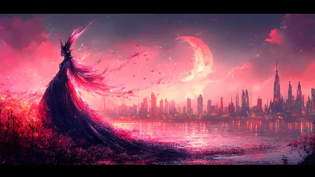 Red, Pink, CG artwork, Red sky at morning, Dusk, Afterglow, Meteorological phenomenon, Fictional character, Wallpaper, Graphics, Animation, Evening, Graphic design, Wind, Spire, Sunrise, Sunset, Cityscape