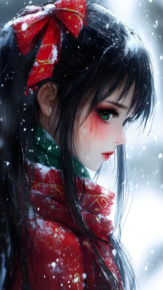 Lips, Skin, Black hair, Red, Hairstyle, Beauty, Facial expression, Eyelash, Hime cut, Iris, Bangs, CG artwork, Long hair, Cartoon, Toy, Doll, Anime, Fictional character, Animation, Winter