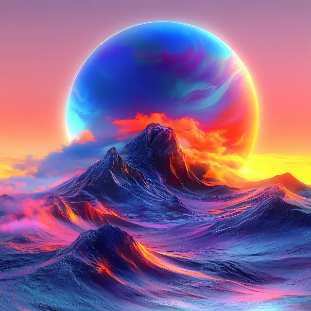 Blue, Red, Astronomical object, Orange, Red sky at morning, Sea, Ocean, geological phenomenon, Meteorological phenomenon, Sunrise, Universe, Afterglow, Sphere, Planet, Sunset, Wind wave, Dusk, Graphics, Sun, Astronomy