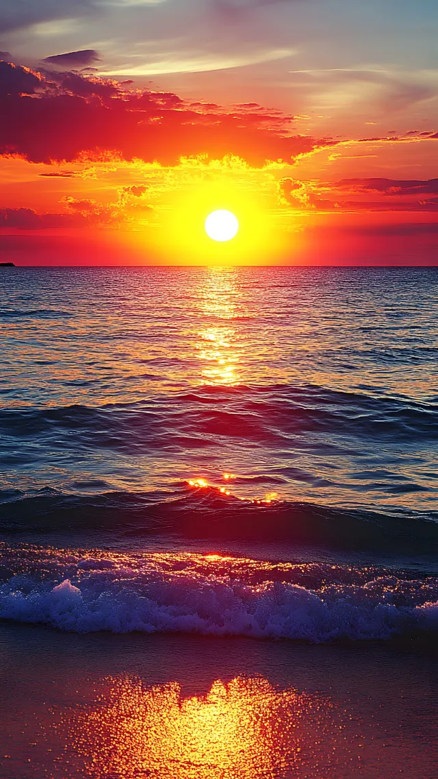 Sun, Afterglow, Horizon, Sunset, Red, Orange, Dusk, Yellow, Sunrise, Fluid, Astronomical object, Sea, Red sky at morning, Cloud, Liquid, Ocean, Evening, Beach, Wave, Sunlight