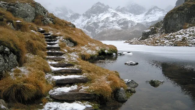 Mountainous landforms, Mountain, Natural landscape, Wilderness, Rock, Mountain range, Terrain, Winter, Snow, Valley, Glacial landform, Mountain river, Alps, Tarn, Ridge, Geological formation, Hill station, Reflection, Fluvial landforms of streams, Ice