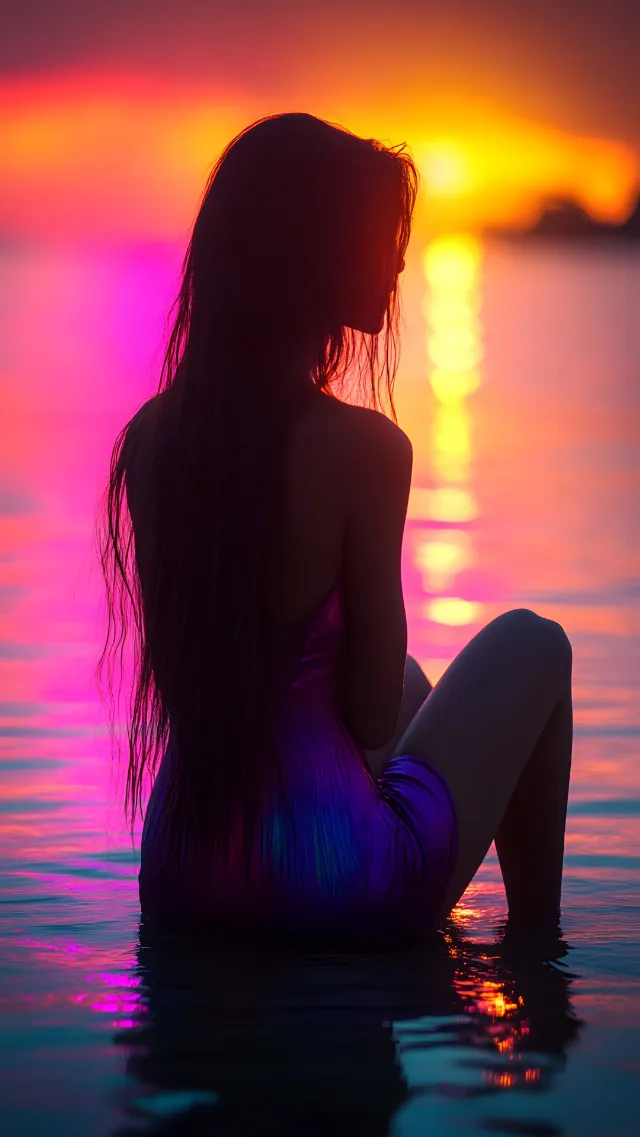 Beauty, Orange, Dusk, Sunset, Afterglow, Long hair, People in nature, Evening, Reflection, Sunrise, Red sky at morning, Backlighting, Ocean, Human back, Model, Wind, Red hair, Photo shoot, Silhouette