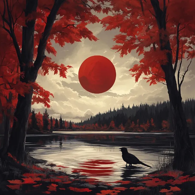 Red, Astronomical object, Moon, Red sky at morning, Dusk, Afterglow, Full moon, Sunrise, Sunset, Celestial event, Evening, Moonlight, Paint, Meteorological phenomenon, Night, Sphere, Loch, Acrylic paint, Dawn, Modern art