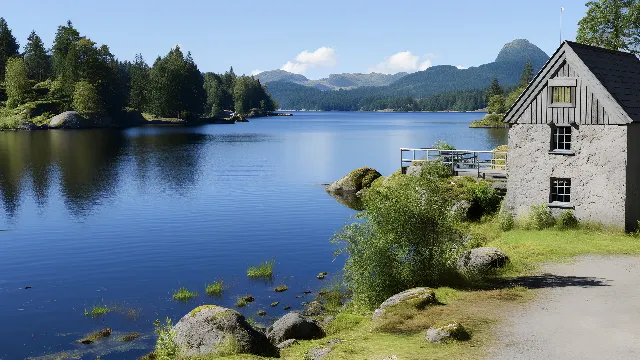 Water, Sky, Plant, Water resources, Mountain, Building, Cloud, Window, Natural landscape, Azure, Nature, Tree, Natural environment, Lake, Highland, Watercourse, House, Biome, Bank, Wood