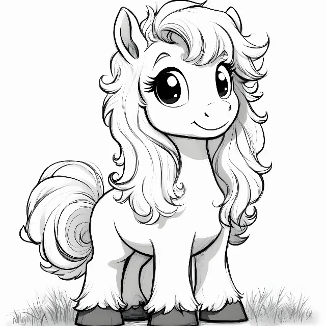 White, Vertebrate, Line art, Facial expression, Coloring book, Cartoon, Pony, Fictional character, Snout, Horse, Terrestrial animal, Animal Figure, Long hair, Mane, Clip art, Graphics, Shetland pony, Working animal, Pleased, Livestock