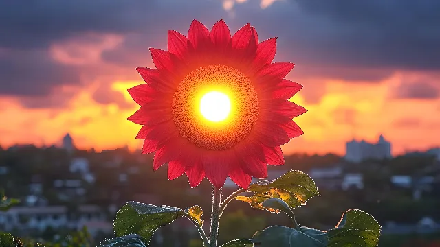 Flower, Petal, Red, Yellow, Orange, Sun, Sunlight, Flowering plant, Sunrise, Common sunflower, Plant stem, Evening, Heat, Pollen, Lens flare, Wildflower, Sunflowers, Backlighting, Sunset, Still life photography