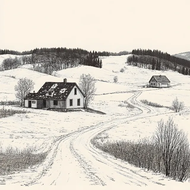 House, Roof, Home, Cottage, Drawing, Village, Hut, Sketch, Black and white, Illustration, Winter, Farmhouse, Sugar shack, Shed, Croft, Shack, Snow, Barn