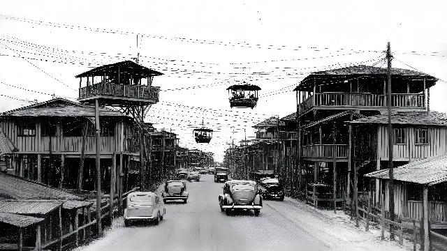 Neighbourhood, Town, Street, Overhead power line, Black and white, Electrical network, Electrical Supply, Wire, Electrical cable