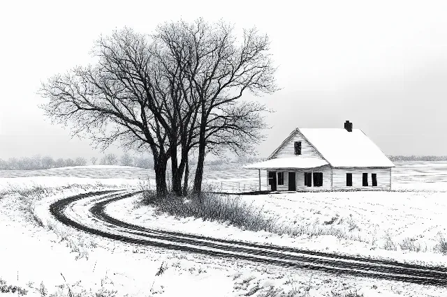 Branch, Snow, White, Winter, Monochrome photography, House, Landscape, Cottage, Roof, Home, Rural area, Black and white, Freezing, Twig, Monochrome, Grey, Shed, Frost, Farmhouse, Sugar shack