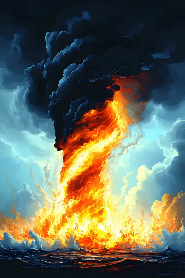 Cloud, Orange, Fire, Cumulus, geological phenomenon, Meteorological phenomenon, Wind, Storm, Flame, Heat, Tornado, Smoke, Ocean, Wind wave, Explosion, Pollution, Watercolor painting, Tsunami