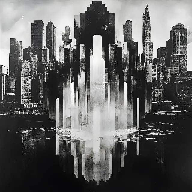 Monochrome photography, White, Skyscraper, High-rise building, Tower, Black, Black and white, Monochrome, Metropolis, Cityscape, Skyline, Reflection, Graphics, Photomontage