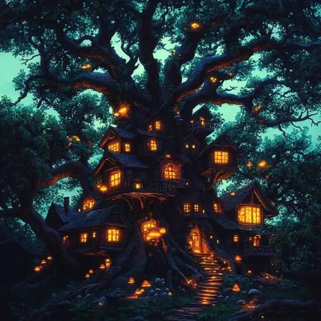 Tree house, Night, Design, Old-growth forest