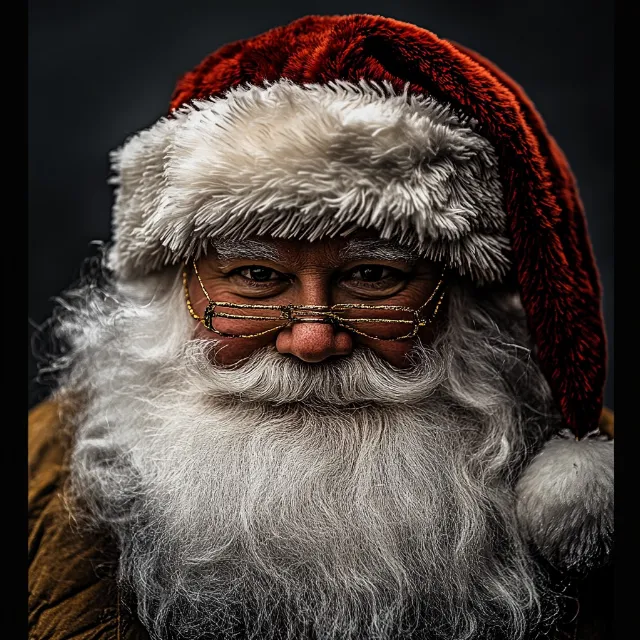 Facial hair, Beard, Moustache, Santa Claus, Headgear, Wrinkle, Facial expression, Hat, Fictional character, Fur clothing, Christmas Day, Costume Hat, Portrait photography, Pleased, Happiness, Elder, Fur, Flesh, Christmas Eve