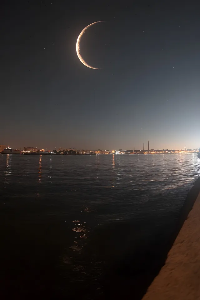 Moon, Water resources, Astronomical object, Night, Crescent, Liquid, Moonlight, atmospheric phenomenon, Midnight, Celestial event, Sea, Dusk, Reflection, Astronomy, Evening, Coast, Eclipse, Beach, Science, Lunar eclipse