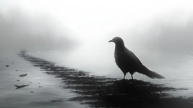 Bird, Beak, Vertebrate, Wing, Monochrome photography, Black, atmospheric phenomenon, Feather, Mist, Black and white, Grey, Monochrome, Fog, Haze, Reflection, Pigeons and doves, Peace, Seabird, Crow family, Tail