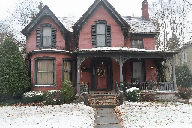 House, Home, Door, Residential area, Brick, Roof, Cottage, Siding, Brickwork, Sash window, Estate, Freezing, Yard, Historic house, Stairs, Paint, Porch, Snow, Winter, Mansion