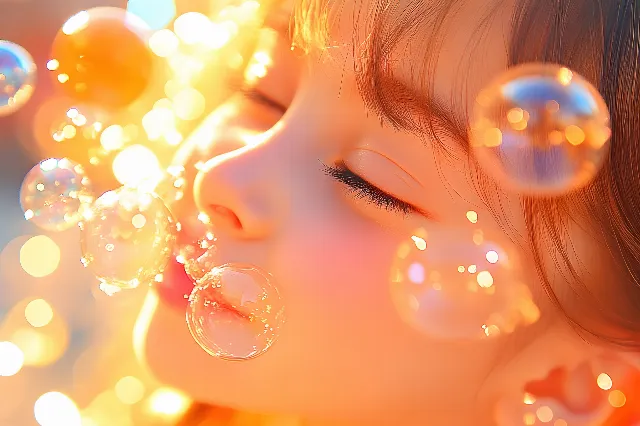 Lips, Eyelash, Happiness, Facial expression, Pink, Orange, Child, Portrait photography, Close-up, Blond, Brown hair, Toddler, Bubble, Lens flare, Portrait, Bangs, Moisture