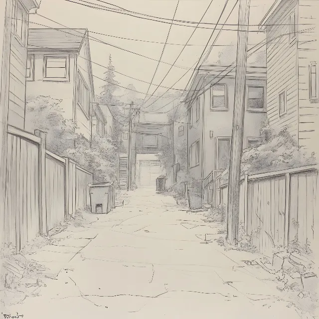 Alley, Paint, Sketch, Overhead power line, Line art, Wire, Walkway