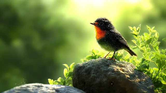 Bird, Plant, Beak, Organism, European robin, Natural landscape, Feather, Grass, Songbird, Landscape, Wing, Perching bird, Terrestrial animal, Wildlife, Wood, Twig, Tree, Tail, Macro photography, Old World flycatcher