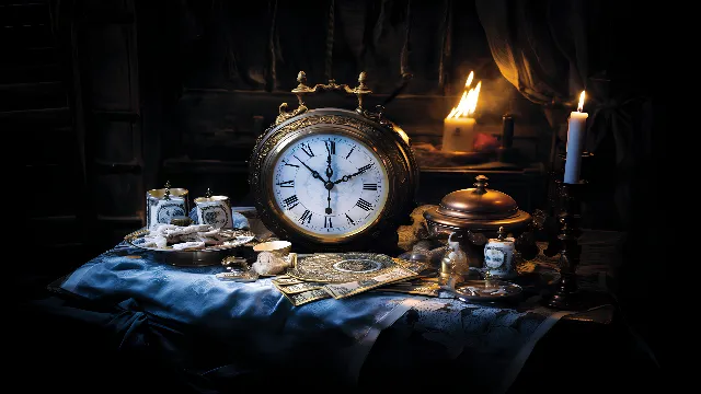 Table, Clock, Candle, Quartz clock, Wood, Gas, Alarm clock, Darkness, Font, Fashion accessory, Event, Metal, Electric blue, Still life photography, Interior design, Wall clock, Still life, Midnight, Antique, Art