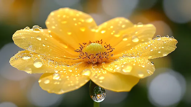 Plant, Flower, Water, Liquid, Petal, Moisture, Dew, Flowering plant, Annual plant, Close-up, Drop, Terrestrial plant, Macro photography, Pollen, Daisy family, Wildflower, Herbaceous plant, Fluid, Still life photography, Art