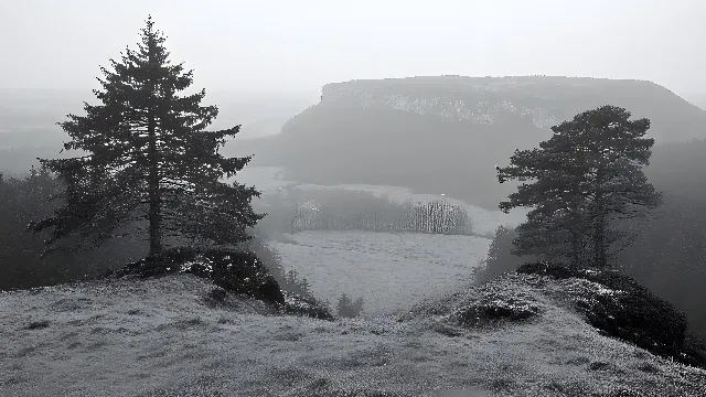 atmospheric phenomenon, Monochrome photography, Mist, Fog, Terrain, Wilderness, Winter, Haze, Hill station, Larch, Black and white, geological phenomenon, Monochrome, Freezing, Snow, Slope, Spruce-fir forests, Conifers, Outcrop, Fir