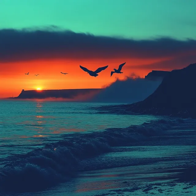 Blue, Water, Horizon, Afterglow, Bird, Sunset, Dusk, Cloud, Orange, Sunrise, Sea, Red sky at morning, Wing, Coastal and oceanic landforms, Ocean, Coast, Evening, Beach, Morning, Sunlight