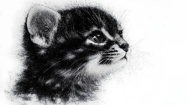 Cat, White, Felidae, Vertebrate, Whiskers, Felinae, Facial expression, Snout, Black, Carnivores, Black and white, Fur, Grey, Drawing, Terrestrial animal, Sketch, Kitten, Line art